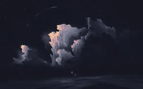 4K Ultra HD digital painting landscape wallpaper showing a moody night sky with glowing pink-tinged clouds above a dark sea — illustration artwork for PC desktop background.