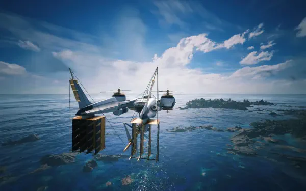 Video game 4K Ultra HD PC desktop wallpaper: Final Fantasy VII Revelation — a sleek airship flies over a sunlit ocean toward rocky islands.