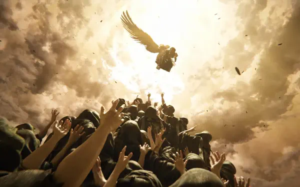 Final Fantasy VII Revelation video game 4K Ultra HD PC desktop wallpaper: a crowd of hands reaching toward a glowing winged creature soaring through sunlit clouds.