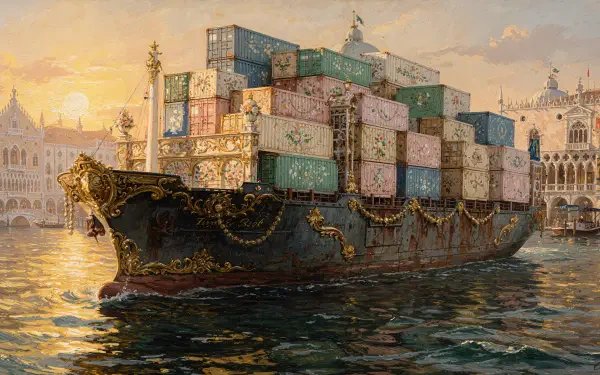 Container ship laden with colorful containers gliding past ornate Venetian-style waterfront at sunset — 4K Ultra HD PC desktop wallpaper/background.