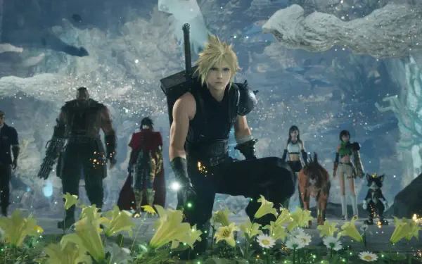 4K Ultra HD PC desktop wallpaper from the video game Final Fantasy VII Revelation: Cloud kneeling with Buster Sword amid yellow flowers, party figures behind in an icy cavern.