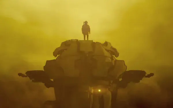4K Ultra HD PC desktop wallpaper from the video game gen ATLAS: lone figure standing on a massive spacecraft in yellow haze.