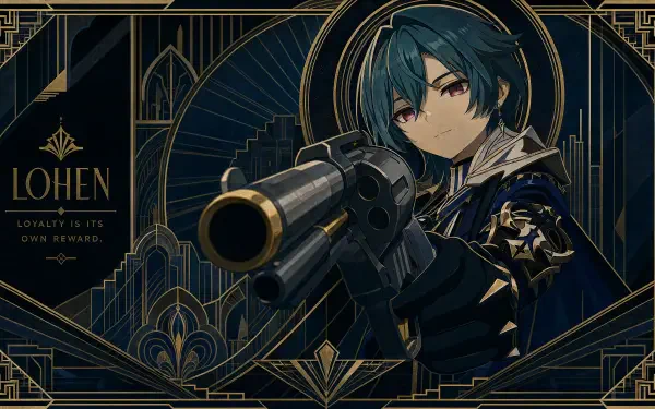 Lohen (Genshin Impact) 4K Ultra HD PC desktop wallpaper: teal-green haired character aiming a large rifle against an ornate navy and gold art-deco background.