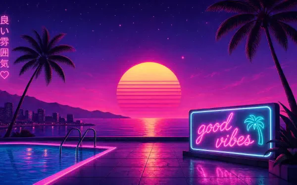 4K Ultra HD PC desktop wallpaper and background: neon-retro sunset over ocean, palm silhouettes, reflecting pool, and glowing good vibes sign.