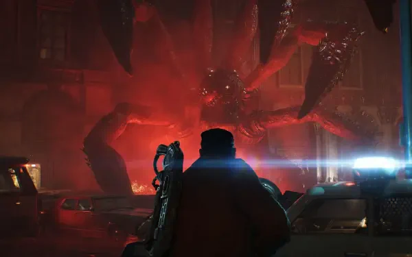 HD PC desktop wallpaper from the video game Gears of War: E-Day — a silhouetted soldier confronts a towering Locust amid red-lit urban ruins and wrecked cars.