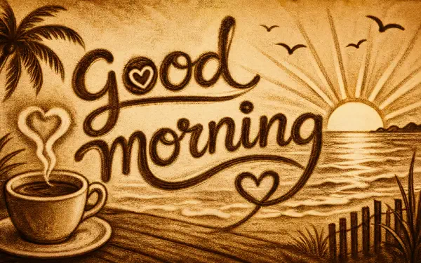 Good morning script over sepia beach sunrise with steaming coffee cup forming a heart, palm tree and birds — 4K Ultra HD PC desktop wallpaper and background