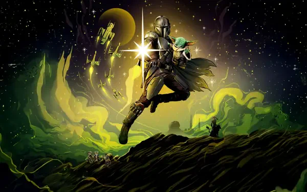 The Mandalorian & Grogu in a dramatic Star Wars 5K Ultra HD PC desktop wallpaper: armored hero leaping across an alien ridge beneath glowing moons and swirling green nebula.