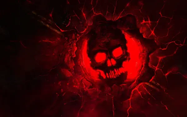 Gears of War: E-Day, Gears of War — red COG skull emblem erupting from a cracked black surface, blood-red energy veins radiating outward; 4K Ultra HD PC desktop wallpaper background.