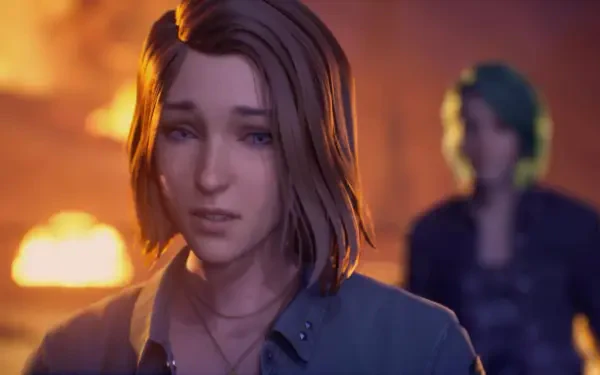 Distressed young woman bathed in warm firelight, a blurred teal‑haired figure stands behind her — Life Is Strange: Reunion 4K Ultra HD PC desktop wallpaper/background.