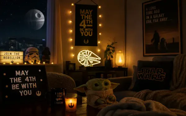 Star Wars bedroom vignette with Grogu plush, Death Star outside the window and lit May the 4th be with you signs — 4K Ultra HD PC desktop wallpaper and background.