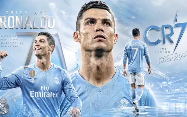 4K Ultra HD PC desktop wallpaper of a male football star in a light-blue kit: central close-up portrait flanked by celebration and walking-away action against a dynamic stadium backdrop.