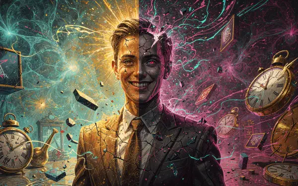 Surreal split-portrait of a man—left radiant, right corrupted—amid floating clocks, playing cards and shattered fragments; 4K Ultra HD PC Desktop Wallpaper and Background.