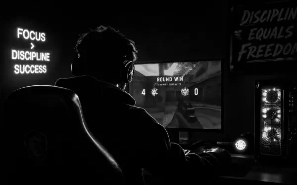 Backlit gamer at a desk playing a shooter, neon FOCUS DISCIPLINE SUCCESS sign and RGB PC tower visible — 4K Ultra HD PC desktop wallpaper/background.