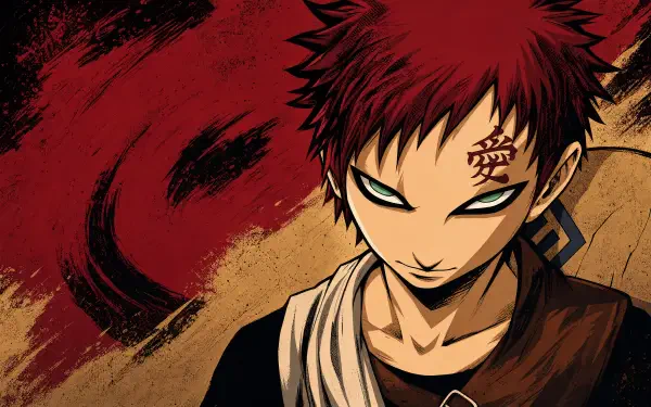 Gaara (Naruto) close-up: cold, intense teal eyes and 愛 kanji on his forehead with red sand swirling behind — 4K Ultra HD PC desktop wallpaper.