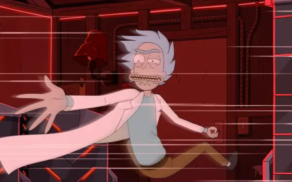 TV show Rick and Morty (season 9) HD PC desktop wallpaper: Rick lunges through a red-lit sci-fi chamber, lab coat flying, pink laser grid streaks across the frame.