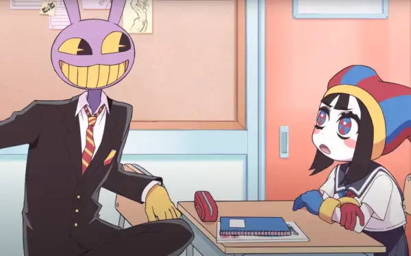 HD PC desktop wallpaper from the TV show The Amazing Digital Circus: grinning rabbit-masked figure in a suit leans toward a wide-eyed schoolgirl wearing a colorful jester hat in a classroom.