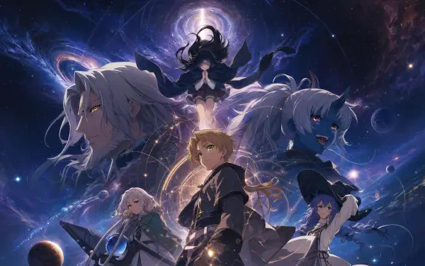 Mushoku Tensei: Jobless Reincarnation 4K Ultra HD PC desktop wallpaper and background showing Rudeus and companions under a luminous cosmic sky, swirling magic sigils, planets and radiant light.
