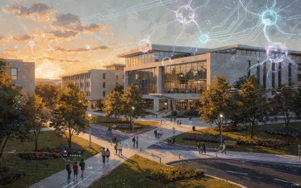 University campus at sunset with students on walkways, modern glass buildings and tech-style neural overlays, 4K Ultra HD PC desktop wallpaper and background.