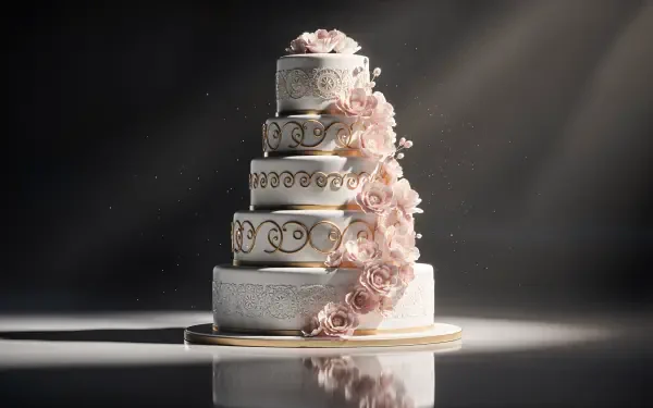 4K Ultra HD PC desktop wallpaper of a four-tier white wedding cake with cascading pink sugar roses and gold filigree, softly lit on a reflective surface.
