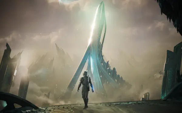 Exodus (2027 video game) 4K Ultra HD PC desktop wallpaper/background: lone armored figure approaches a towering alien spire through misty, ruined landscape beneath a stormy sky.
