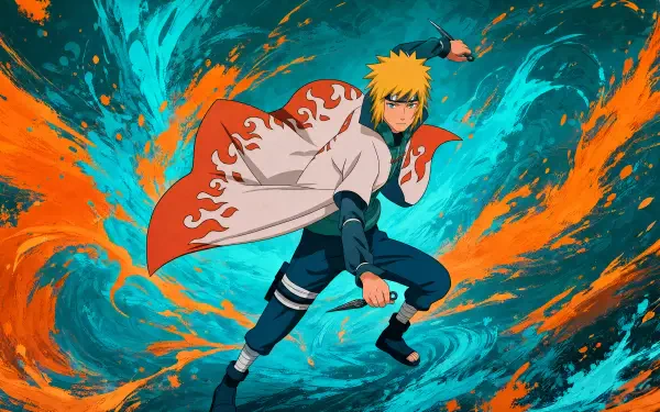 Minato Namikaze in a dynamic pose with his white cloak and kunai, vibrant teal and orange swirls behind him — 4K Ultra HD PC desktop wallpaper and background.