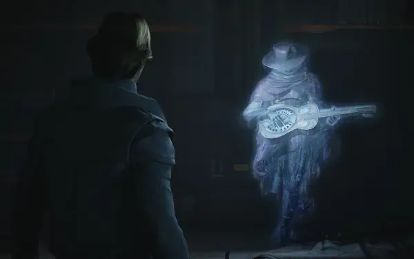 4K Ultra HD PC desktop wallpaper from the video game Exodus (2027): a lone character watches a blue holographic musician strumming a guitar in a dim, futuristic room.