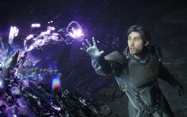 4K Ultra HD PC desktop wallpaper from video game Exodus (2027): armored protagonist reaches toward swirling purple energy and crystalline shards.