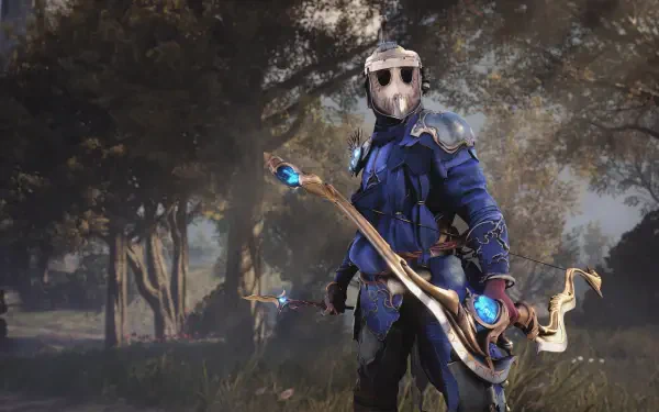 4K Ultra HD PC desktop wallpaper background: Soulframe video game scene — armored mage in blue robes and a mask wields a glowing ornate staff in a misty forest clearing.