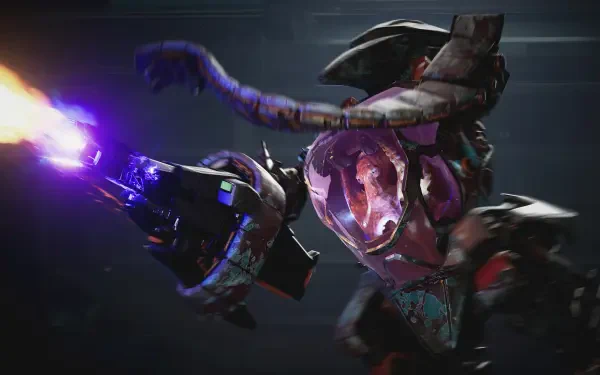 Exodus (2027) video game 4K UHD PC desktop wallpaper: armored alien mech fires a glowing purple energy cannon amid motion blur.