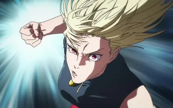 Yuki Tsukumo from Jujutsu Kaisen charging forward, hair streaming amid a dynamic blue light burst — 4K Ultra HD PC desktop wallpaper.