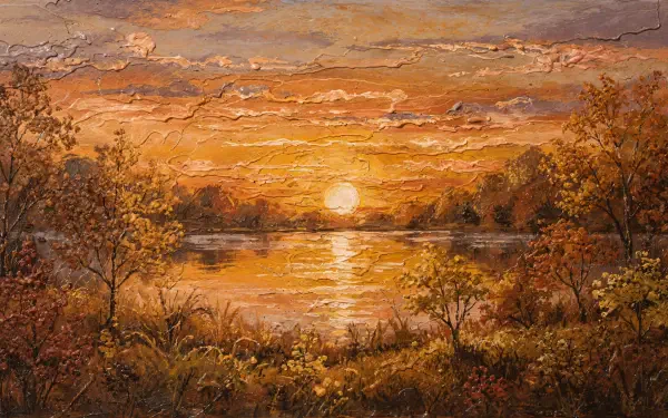 4K Ultra HD PC desktop wallpaper — fall sunset over a still lake, warm golden-orange sky mirrored in water, framed by trees and autumn brush.