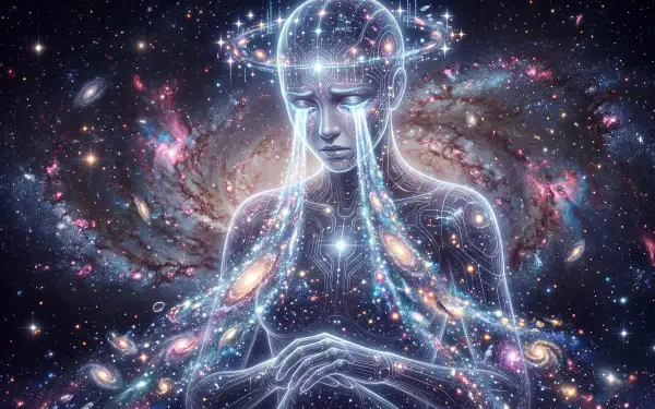 5K Ultra HD sci-fi PC desktop wallpaper of a translucent cosmic woman bowed in sorrow, glowing circuitry and galaxies streaming from her tear-filled eyes.
