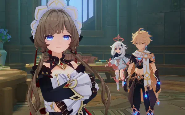 Video game 4K Ultra HD PC desktop wallpaper of Genshin Impact: Luna VIII in the foreground with two companions inside an ornate hall, vivid character art and warm lighting.