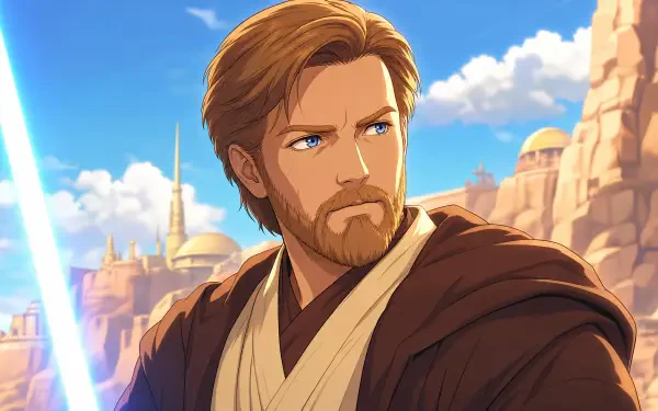 4K Ultra HD PC desktop wallpaper: Obi-Wan Kenobi in brown Jedi robes, determined expression, blue lightsaber glowing against sunlit desert cliffs and a bright blue sky.