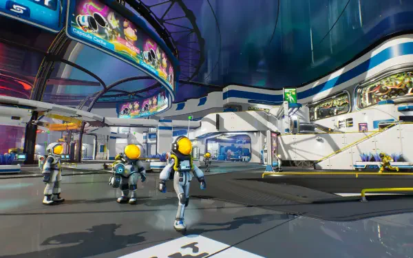 Interior of a futuristic space station from the video game Starseeker: Astroneer Expeditions — three yellow-helmet explorers, holo displays and sleek architecture. 2K Quad HD PC wallpaper.