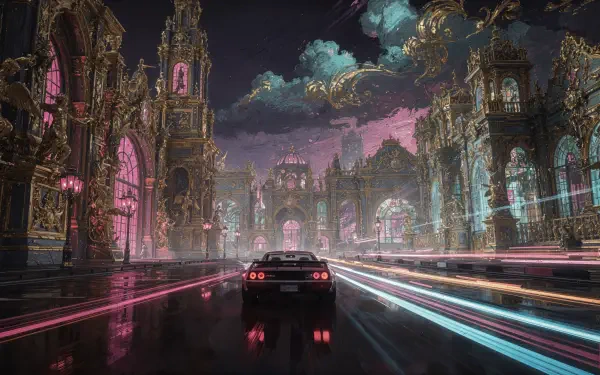 Outrun 4K Ultra HD PC desktop wallpaper and background — rear view of a sports car racing down a wet, neon pink-blue boulevard through a glowing, ornate futuristic city.