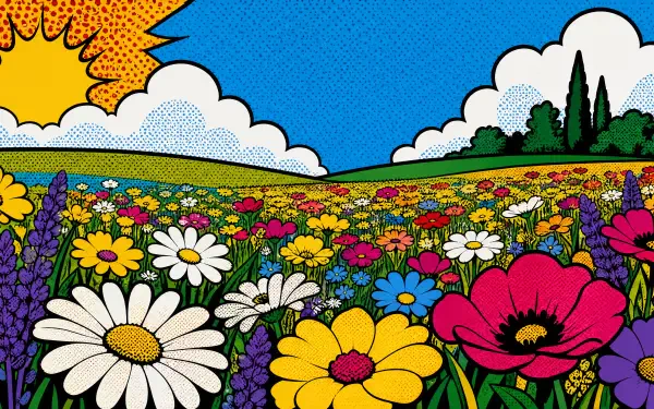 Vivid pop-art blooming meadow under a bright sun and blue sky, colorful wildflowers filling the foreground — 4K Ultra HD PC desktop wallpaper and background.