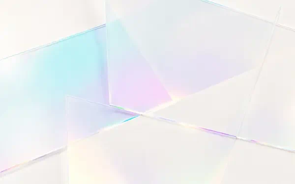 Clean 4K Ultra HD PC desktop wallpaper: minimalist iridescent pastel shards and translucent geometric panels creating a soft, luminous background.