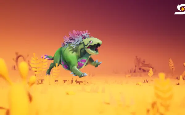 4K Ultra HD PC desktop wallpaper: a vibrant green, flower-topped creature bounding across an orange alien plain — Starseeker: Astroneer Expeditions video game.
