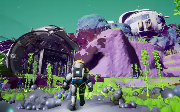 Video game wallpaper: Starseeker: Astroneer Expeditions — an astronaut walks toward domed outposts amid purple hills and neon vegetation. 2K Quad HD PC desktop wallpaper and background.