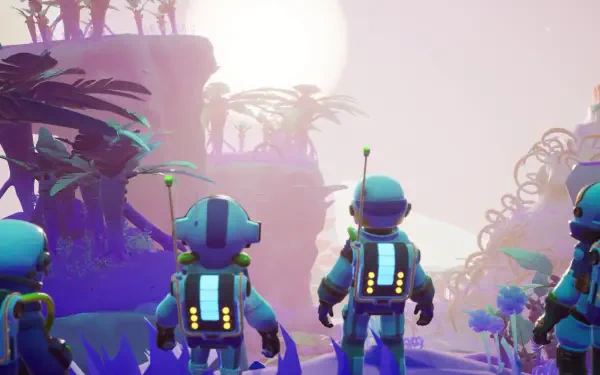 HD PC desktop wallpaper from the video game Starseeker: Astroneer Expeditions showing three suited astronauts overlooking a purple alien landscape with glowing plants at sunrise.