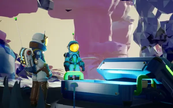 HD PC desktop wallpaper of the video game Starseeker: Astroneer Expeditions — two suited explorers beside a glowing crate on a colorful alien world.