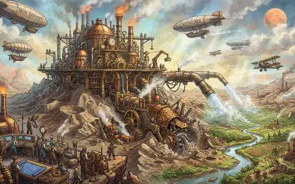 5K Ultra HD PC desktop wallpaper background: steampunk terraforming complex on a rocky plateau with giant pipes pumping water, airships overhead, machines reshaping a valley toward a green river.