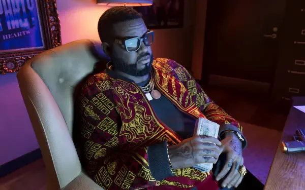 Grand Theft Auto VI character Boobie Ike lounges in a neon-lit room, wearing a patterned jacket and sunglasses while holding stacks of cash — 4K Ultra HD PC desktop wallpaper, video game art.