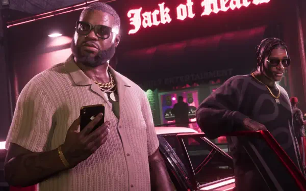 4K Ultra HD PC desktop wallpaper and background from the video game Grand Theft Auto VI: Boobie Ike and an associate by a neon-lit car outside the Jack of Hearts club.