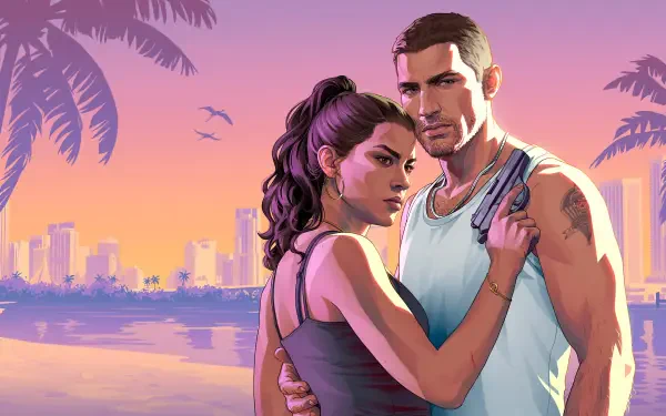 Grand Theft Auto VI 4K desktop wallpaper: video game art of Lucia Caminos and Jason Duval embracing on a sunset beach with palm trees and a neon city skyline.