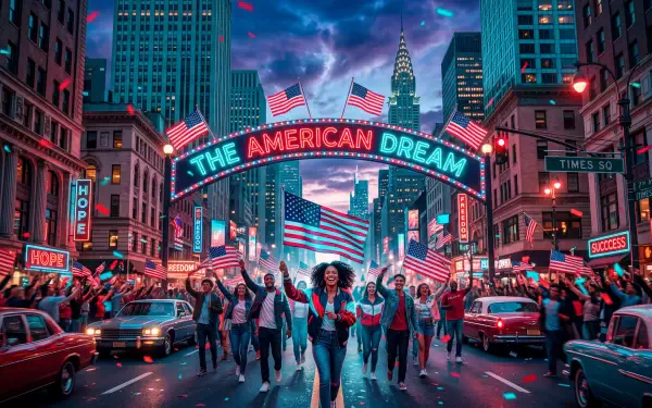5K Ultra HD PC desktop wallpaper The American Dream: joyful crowd beneath a glowing arch, waving US flags down a neon-lit city street at dusk.