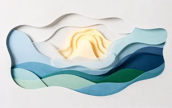 4K Ultra HD PC desktop wallpaper: layered paper-cut seascape of teal and blue waves with a warm golden sun, radiating peaceful energy.
