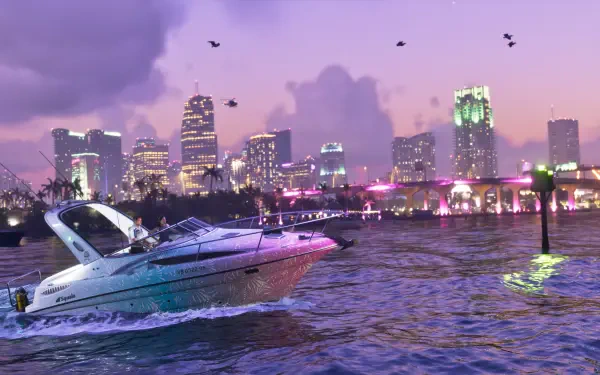 Video game Grand Theft Auto VI 4K Ultra HD PC wallpaper: speedboat cruising across a neon-lit harbor toward a pastel city skyline at dusk with bridge, birds, and reflective water.