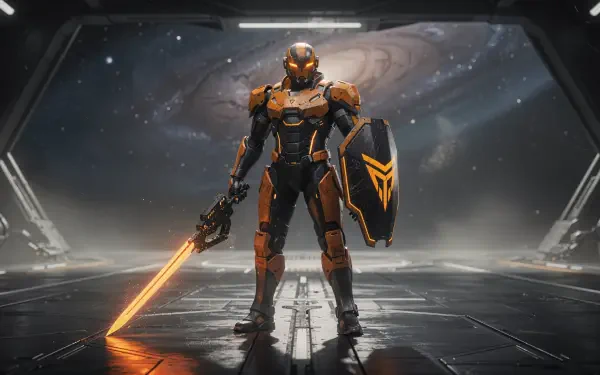 Space knight in orange-black armor wields a glowing energy sword and shield before a spiral galaxy — 4K Ultra HD PC desktop wallpaper/background.
